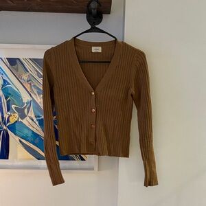 Aritzia Tan Ribbed V-Neck Cardigan